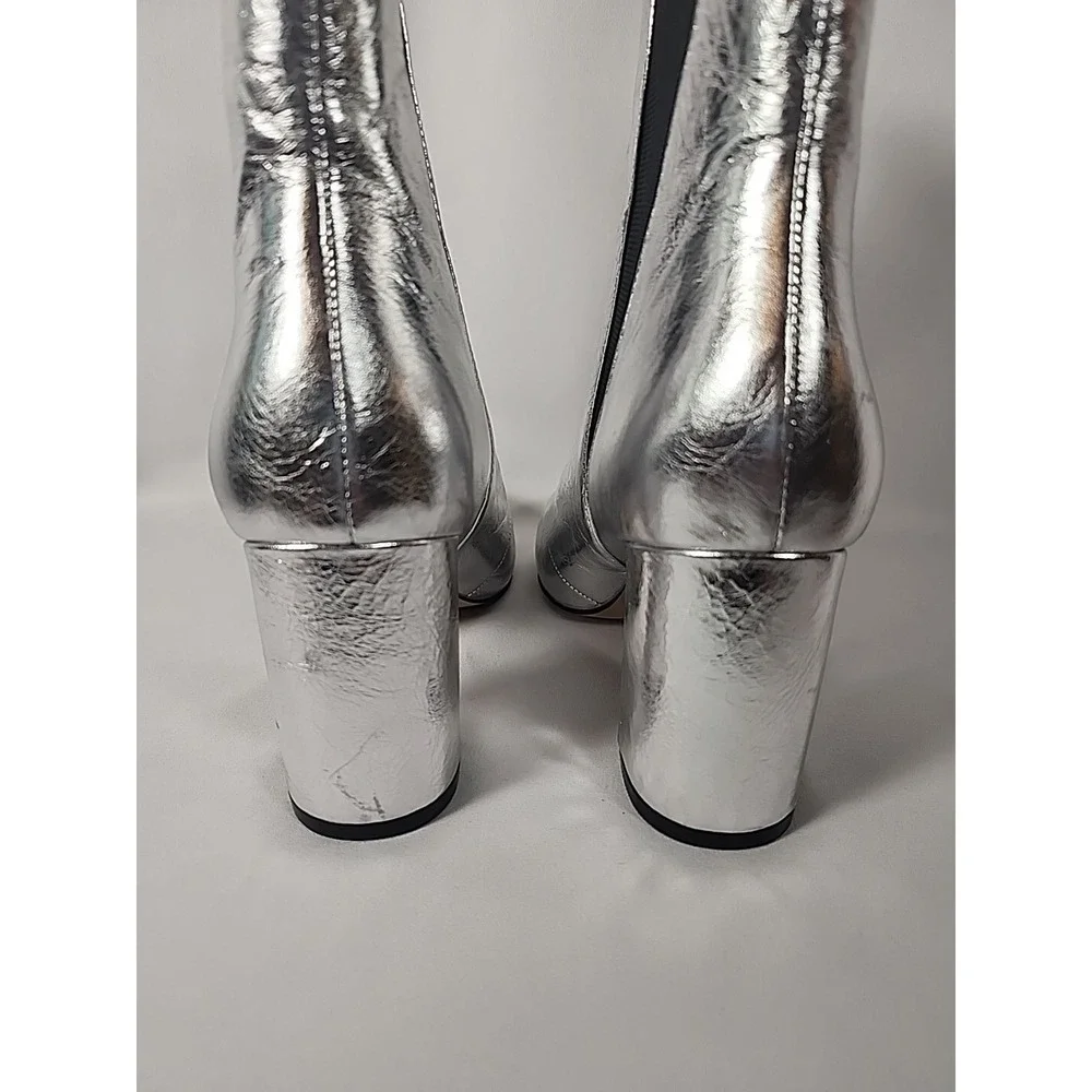 REBECCA MINKOFF Silver Serena Block Heel Slip On Leather Chelsea Booties Women 6